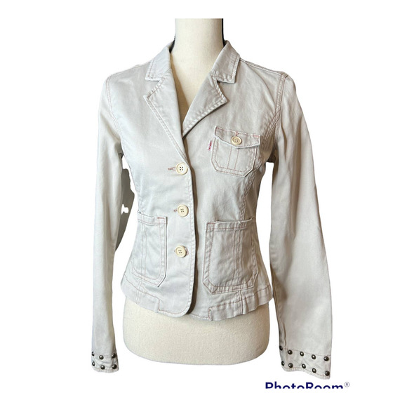 Levi's Khaki Short Jacket with Stud Details on Sleeve Cuffs Size Medium - Picture 1 of 7